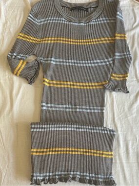 English Factory ribbed dress, with maize and dusty blue stripes, Medium